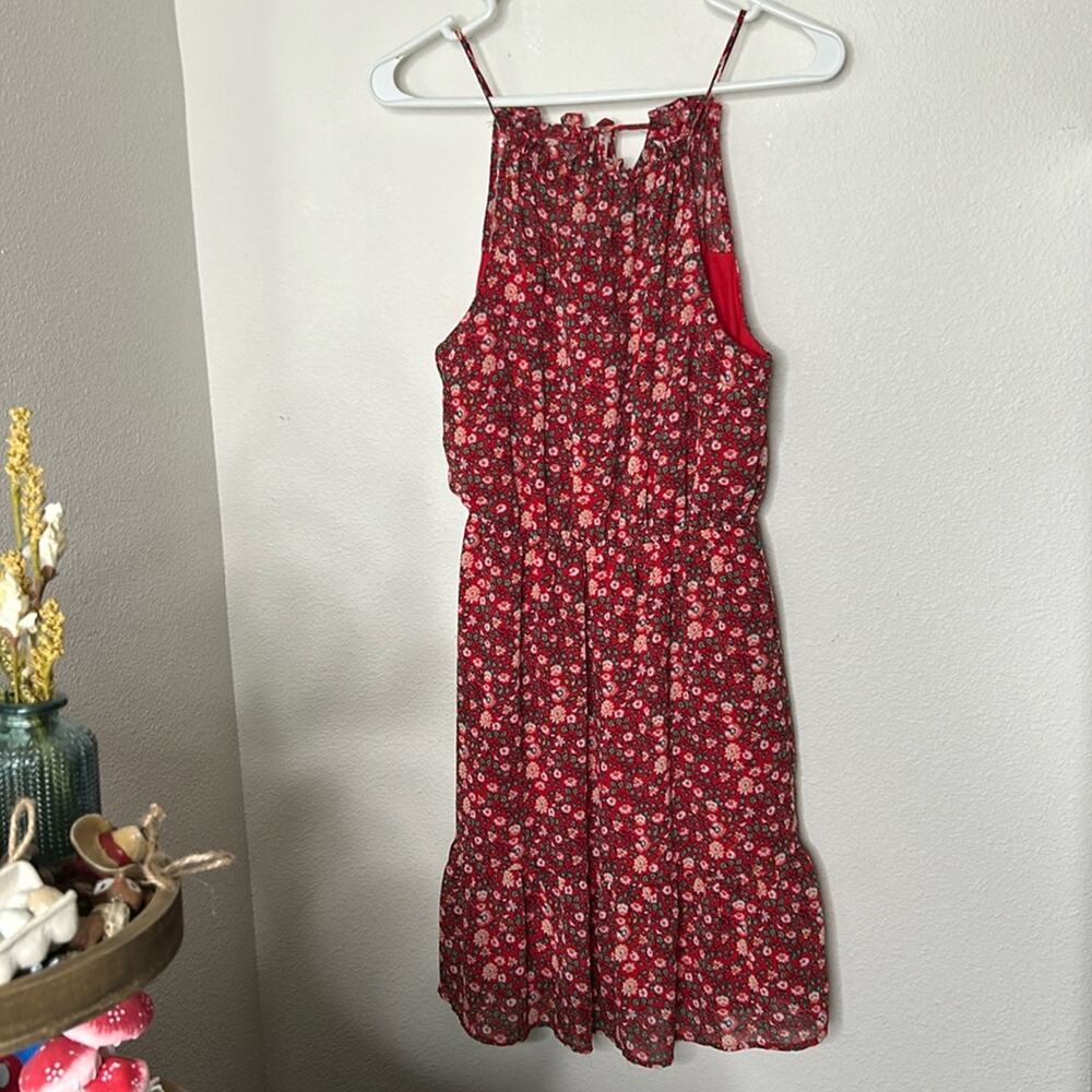 Monteau Red Floral Print Halter Lined Dress Flowy Cute Size Small